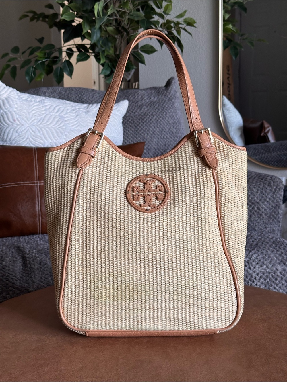 Tory Burch Raffia York Buckled Natural Straw Leather Large Tote Bag
